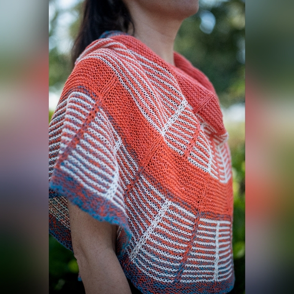 Hand Crafted OOAK Avantgarde Boho Striped Cotton Orange Blue Summer Knit Shawl - Picture 3 of 15